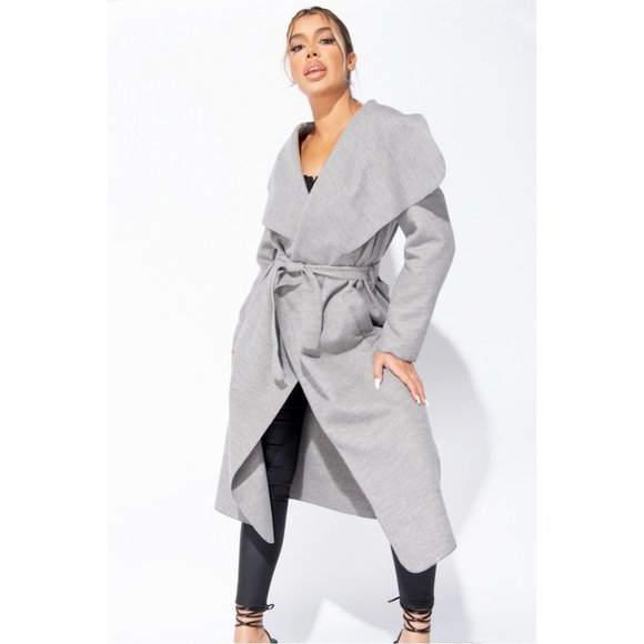 Gray Wool Blend Oversized Lapel Belted Long Maxi Waterfall Collar Coat - Picture 6 of 8